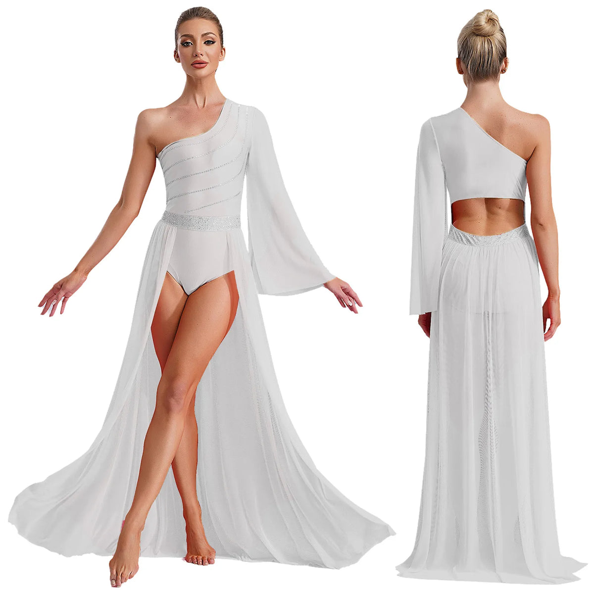Women's Rhinestone One-Shoulder Lyrical Dance Dress | Flared Sleeve & Open-Front Mesh Maxi Skirt