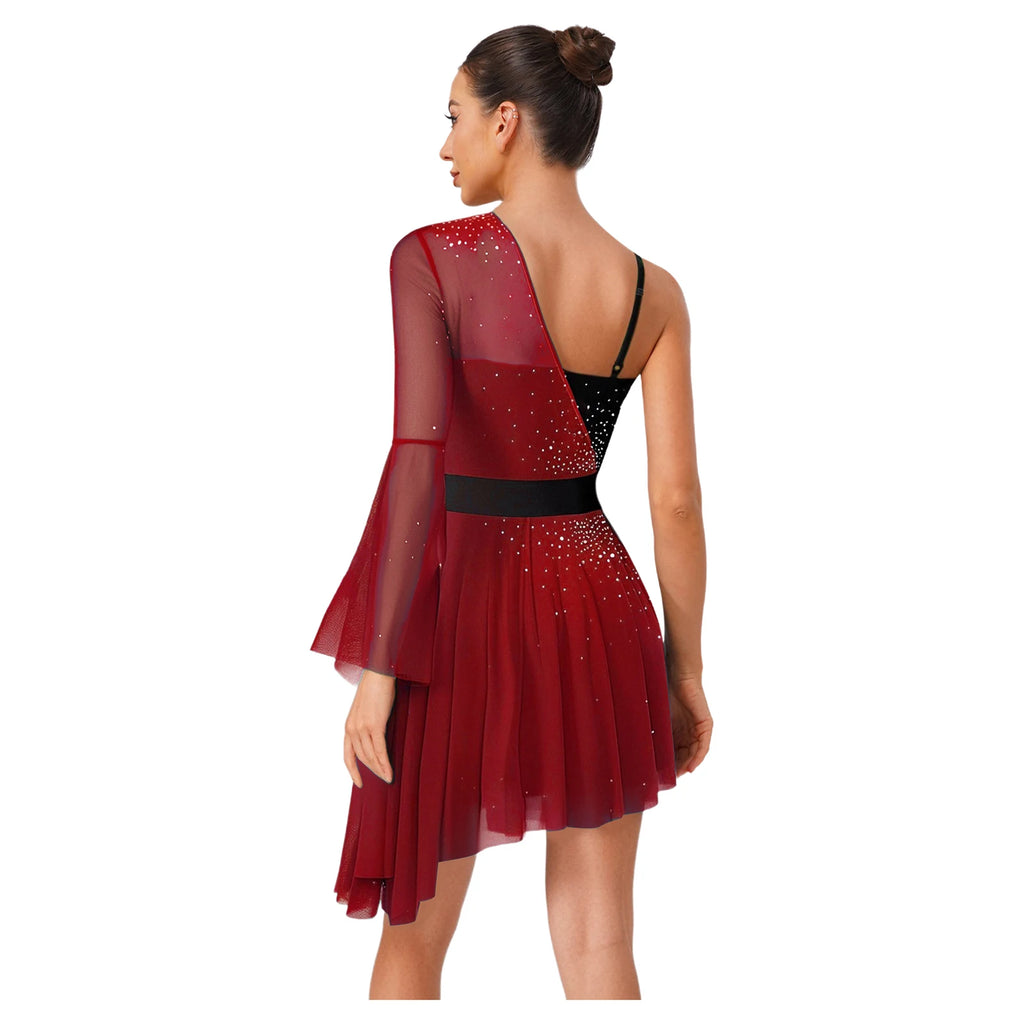 Women's Color-Block Flare Sleeve Dance Dress | Asymmetric Mesh Hem & Built-In Briefs