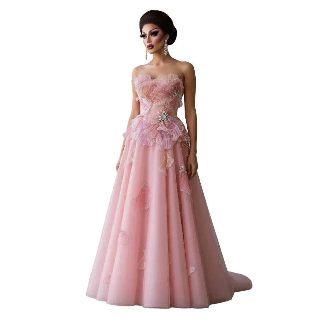 3D Floral Crystal Gown | Strapless Draped Tulle | Pink