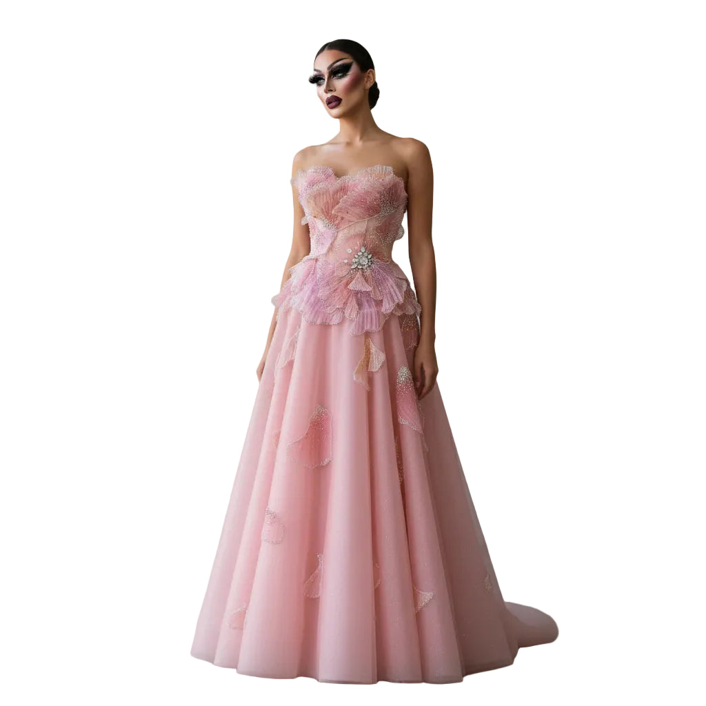 3D Floral Crystal Gown | Strapless A-Line | Pink