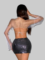 Rhinestone Fishnet Two-Piece Set - Sheer Long Sleeve Top & Bra Cover Up