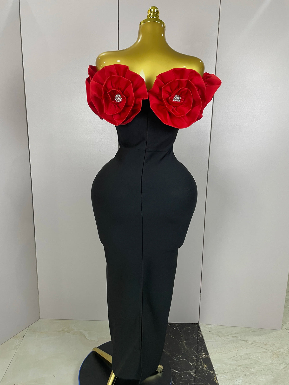 3D Rose Flower Off-Shoulder Bodycon Maxi Dress | Stage & Performance