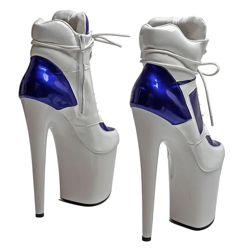 8-Inch Patent Platform Boots - White Blue Ankle Dance Boots