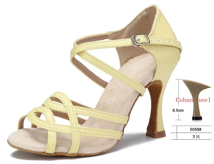 Cross-Strap Latin Dance Sandals | Cuban Heel | 6–10cm | Purple & Yellow