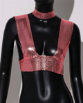 Sequin Choker Crop Top - Backless V-Neck Performance Cami