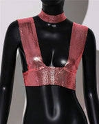 Sequin Choker Crop Top - Backless V-Neck Performance Cami