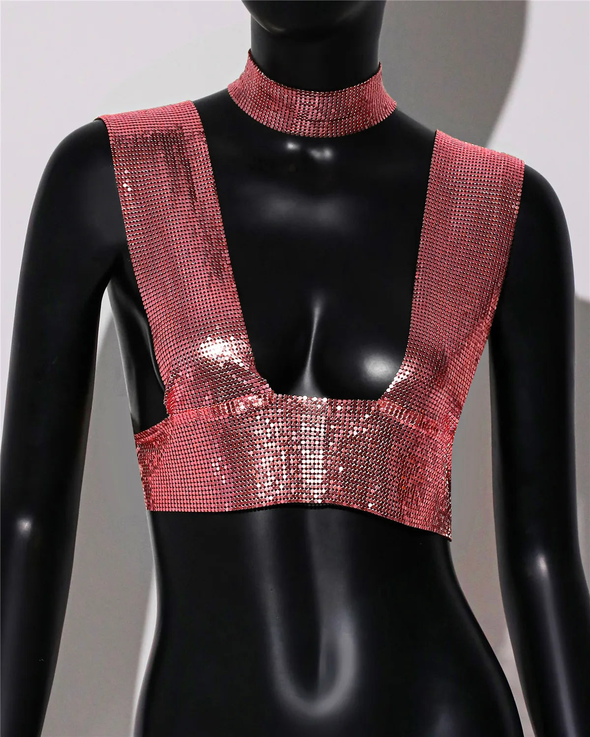 Sequin Choker Crop Top - Backless V-Neck Performance Cami