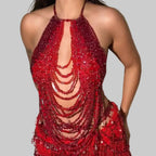 "Crimson Cascade" Beaded Fringe Halter Top - Performance, Festival & Showgirl Top