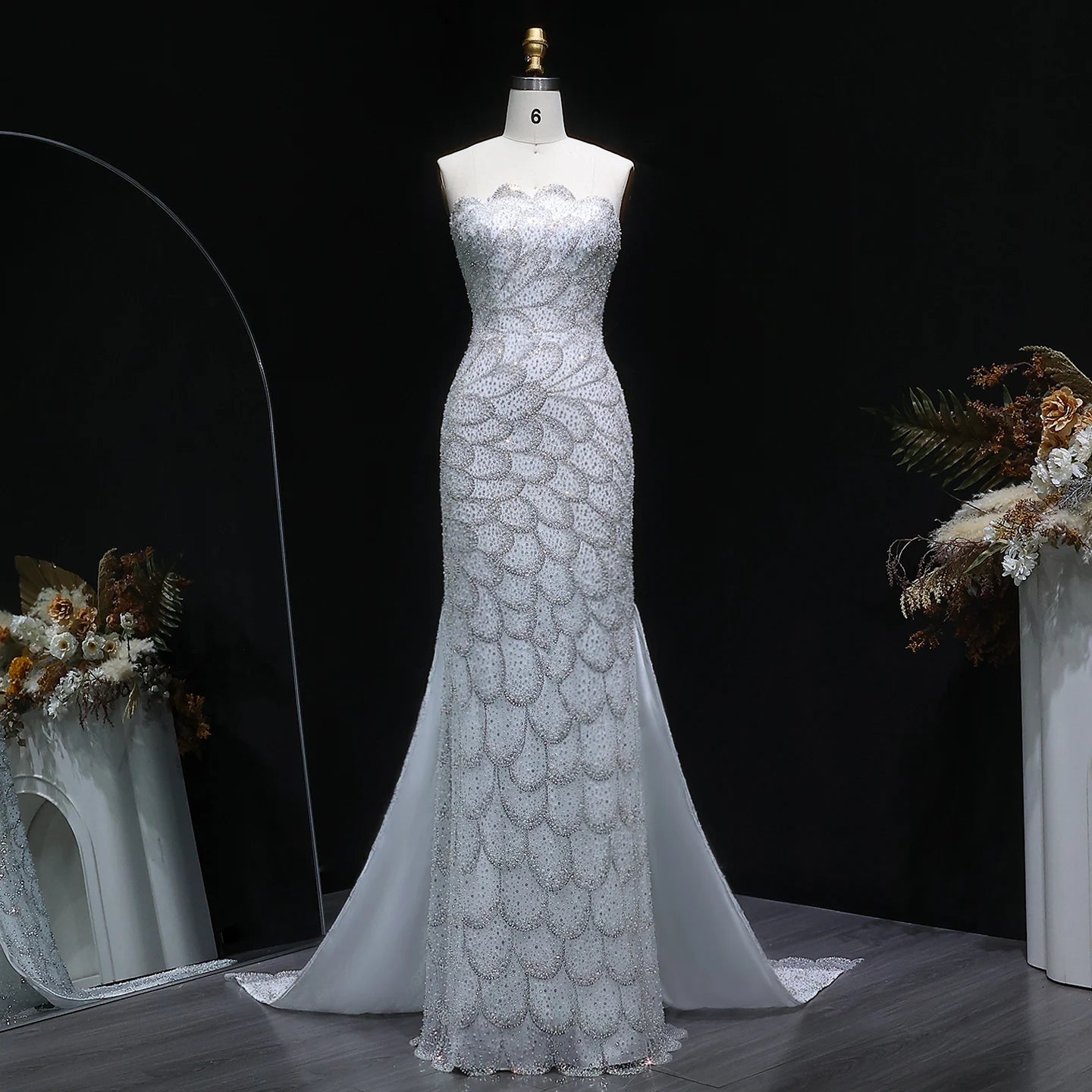 Beaded Sequin Strapless Mermaid Pageant Gown | Court Train | 6 Colors
