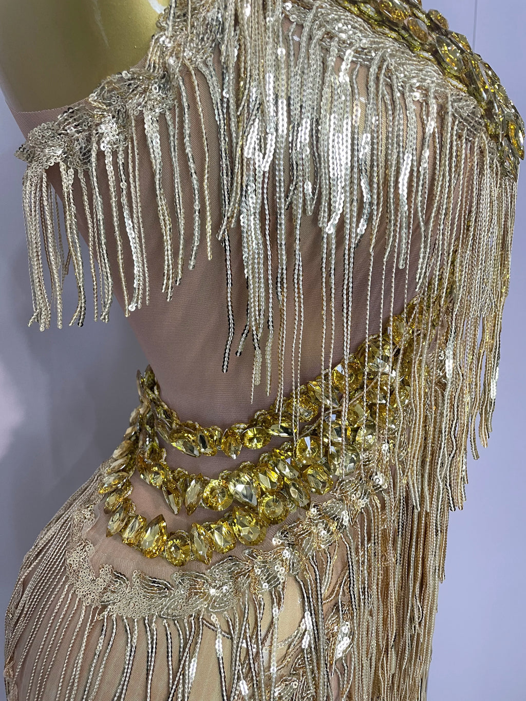 Gold Sequin Fringe Jumpsuit | Wide-Leg | Stage
