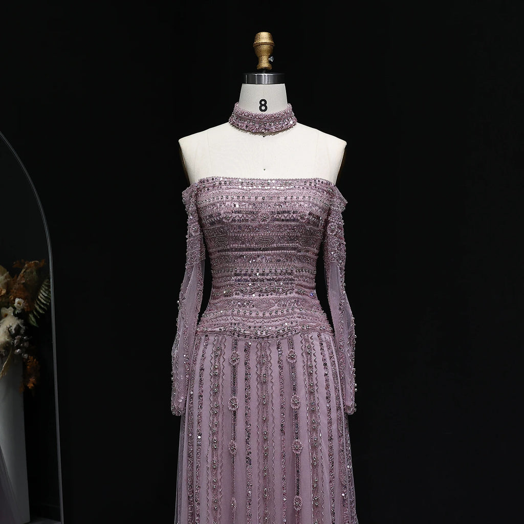 Beaded Off-Shoulder Gown | Choker & Long Sleeves | Grey, Pink, Champagne