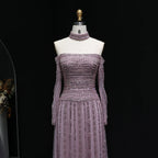 Beaded Off-Shoulder Gown | Choker & Long Sleeves | Grey, Pink, Champagne