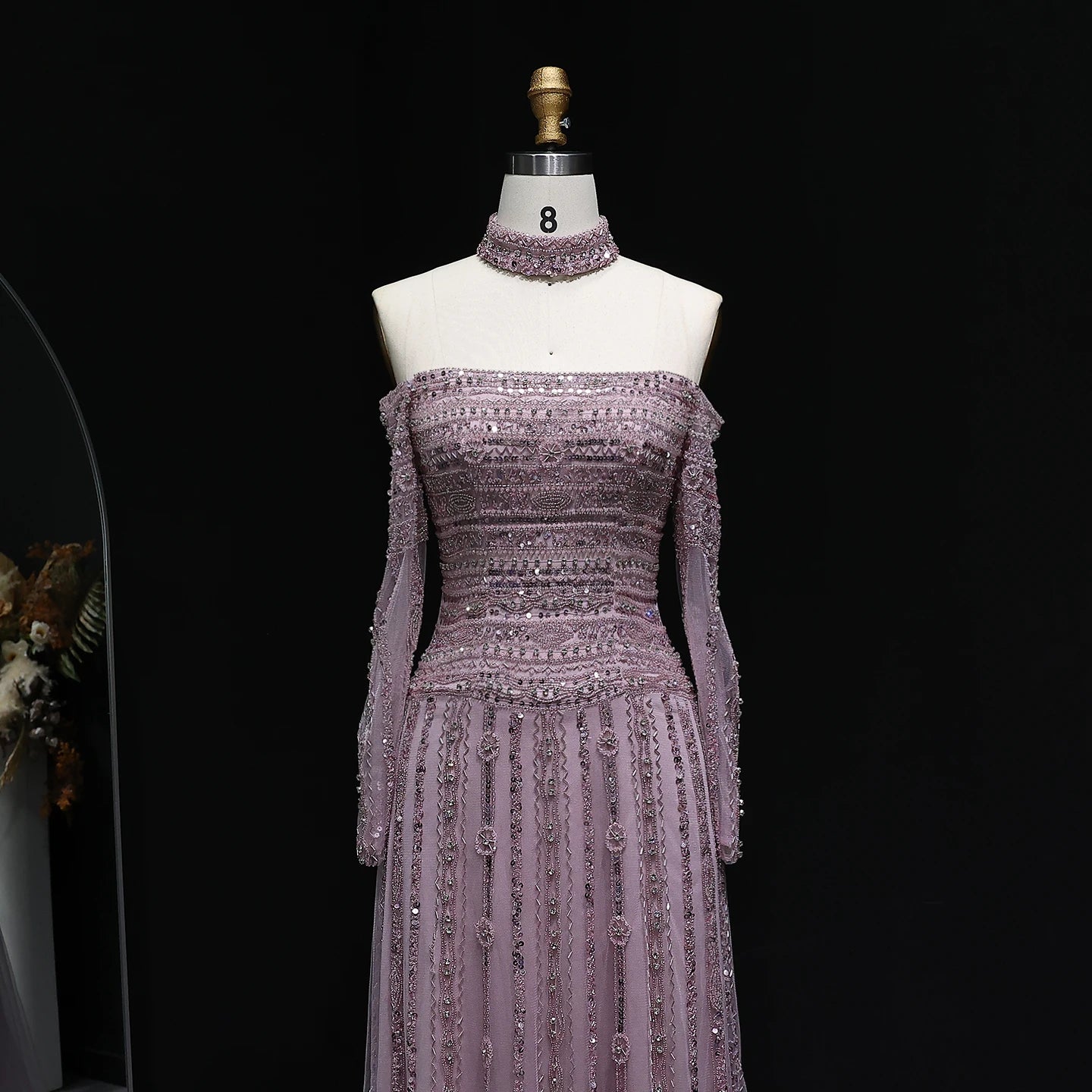 Beaded Off-Shoulder Gown | Choker & Long Sleeves | Grey, Pink, Champagne