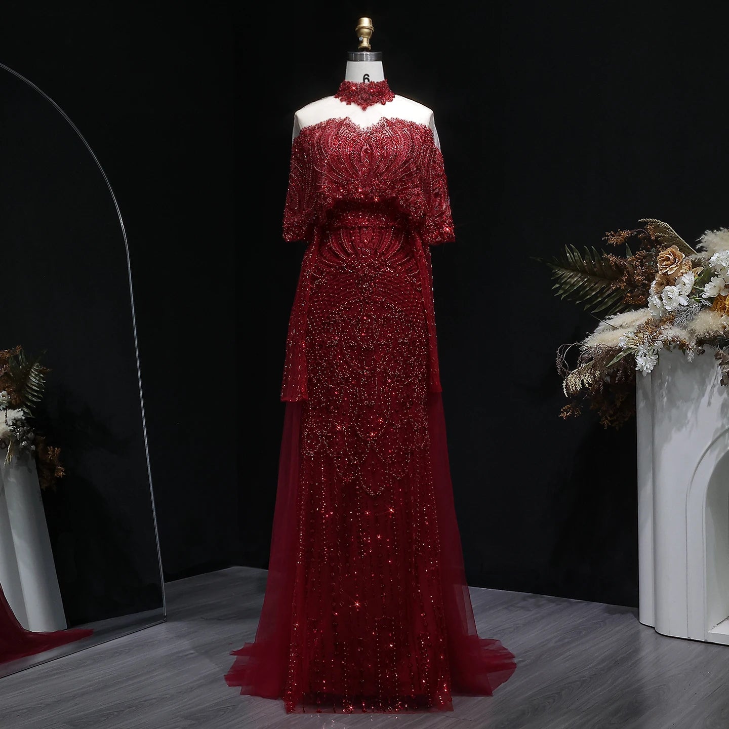 Beaded Cape Sleeve Pageant Gown | Detachable Overskirt | 4 Colors