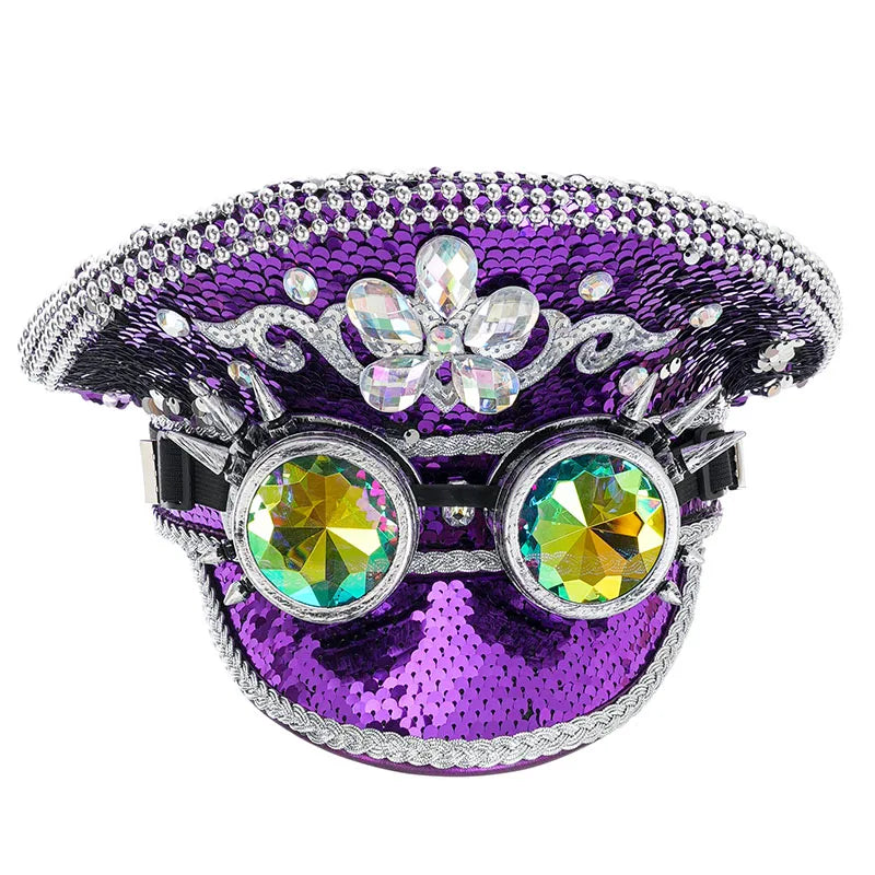 Sequin Rhinestone Military Hat | Steampunk Goggles | One Size