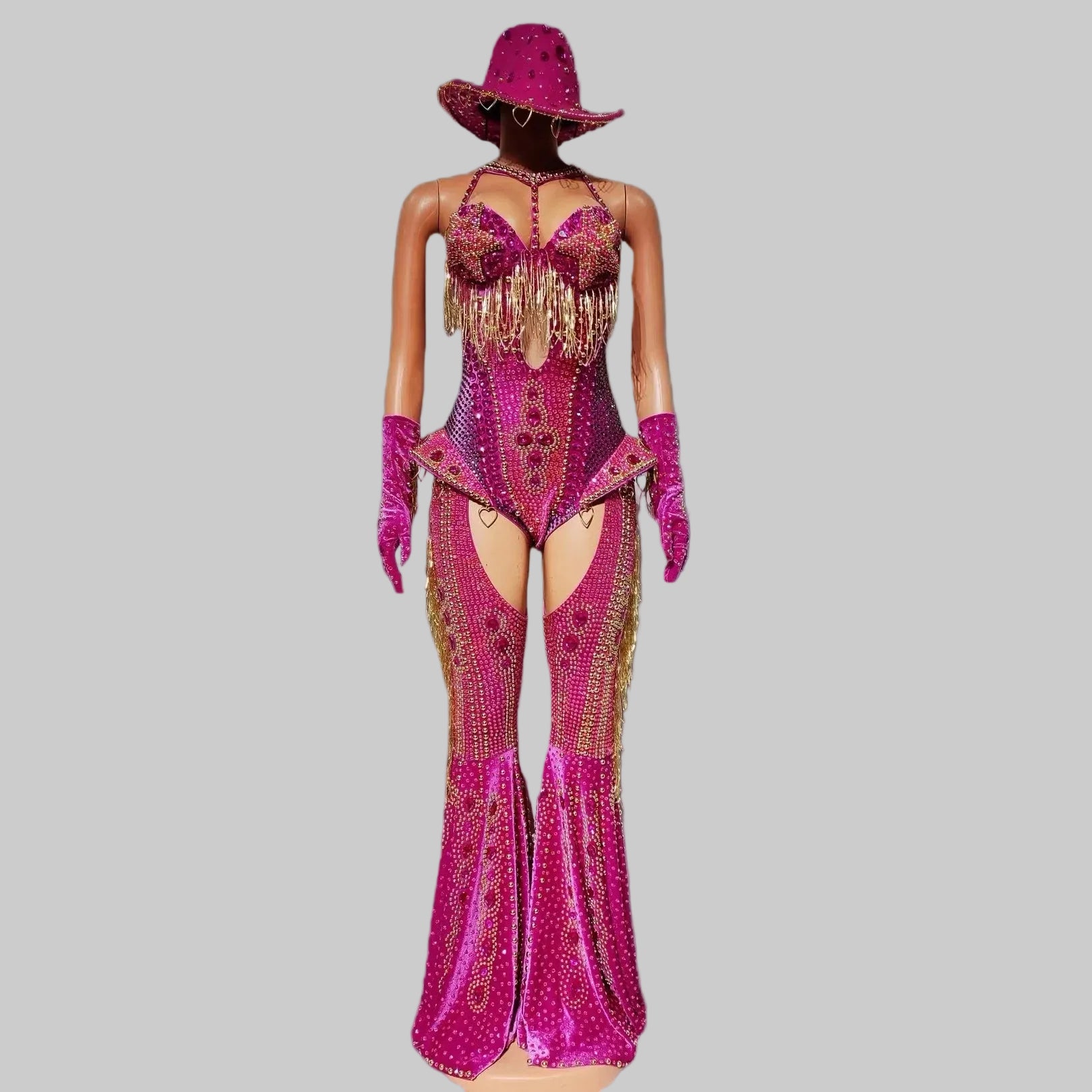 Rhinestone Bodysuit 4-Piece Set - Sparkly Showgirl Outfit with Flare Pants & Crystals