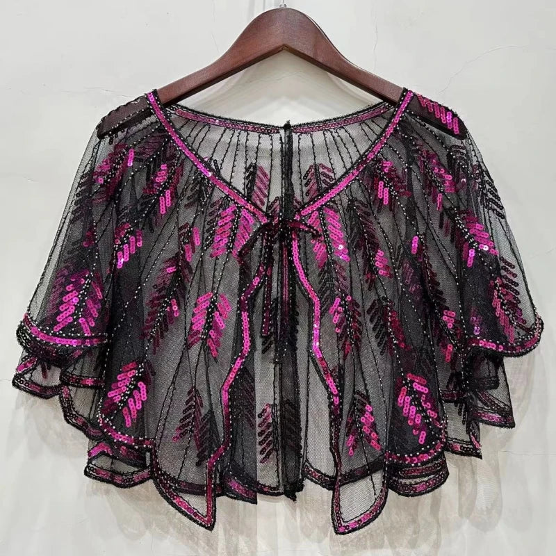 1920s Sequin Leaf Cape | Sheer Mesh Bolero | Flapper Shawl
