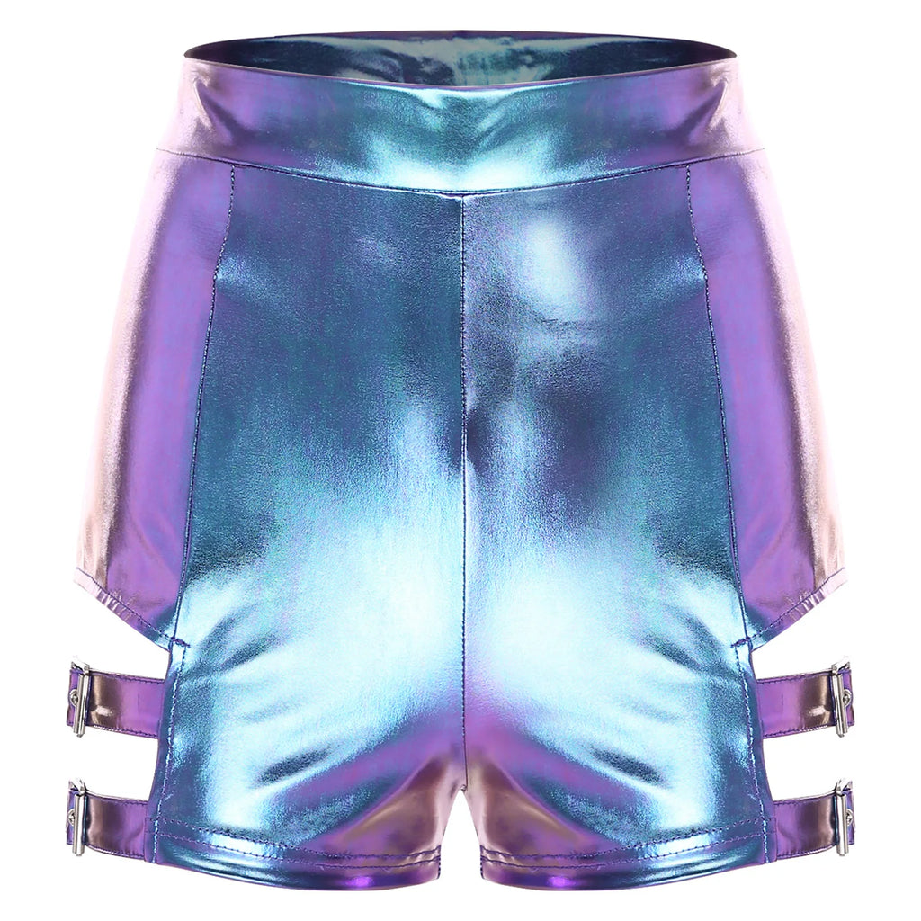 Holographic High-Waist Shorts | Cutout + Metal Buckles