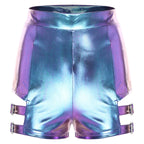 Holographic High-Waist Shorts | Cutout + Metal Buckles