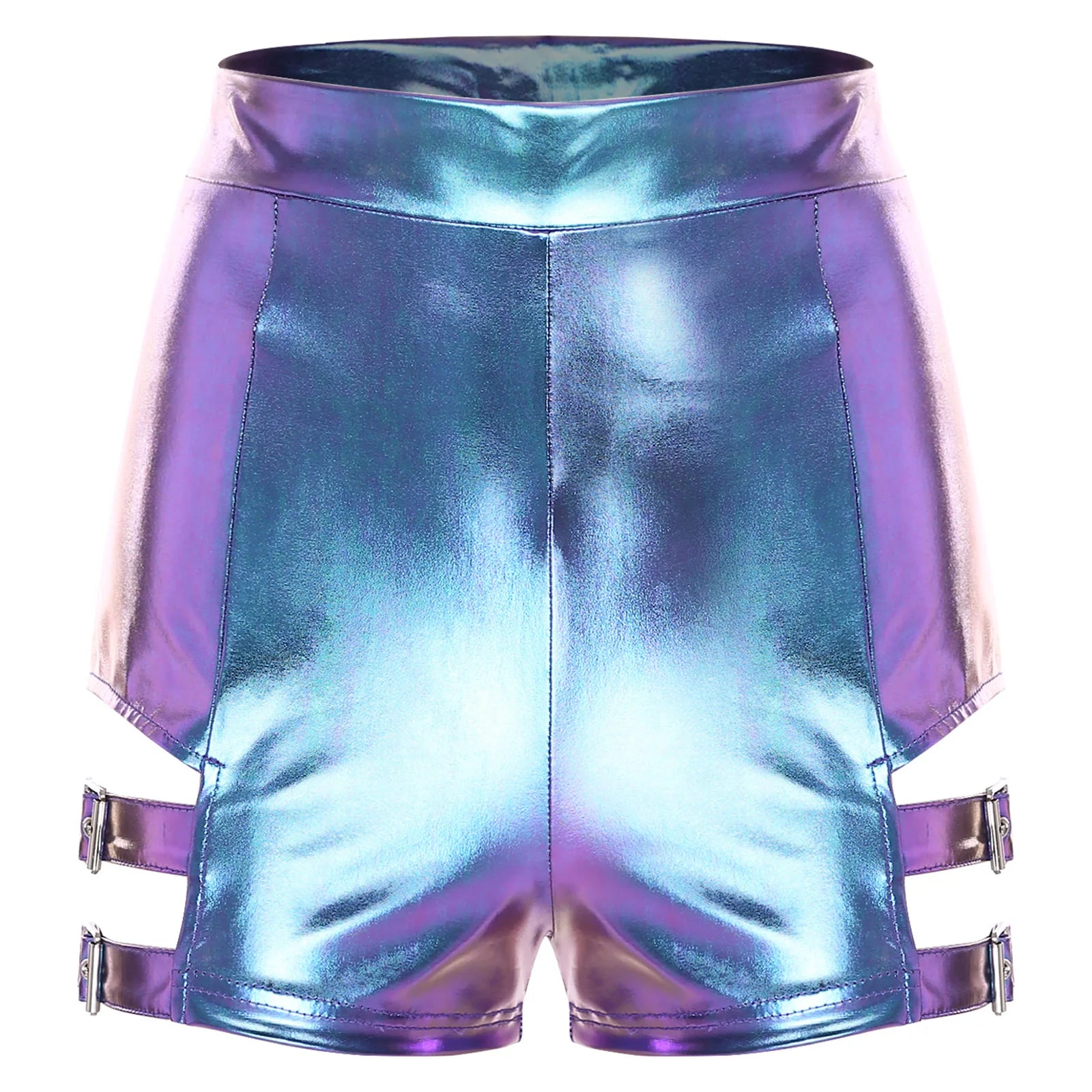 Holographic High-Waist Shorts | Cutout + Metal Buckles