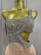 Rhinestone Mesh Bodysuit & Tassel Skirt Set | With Gloves | S–XL