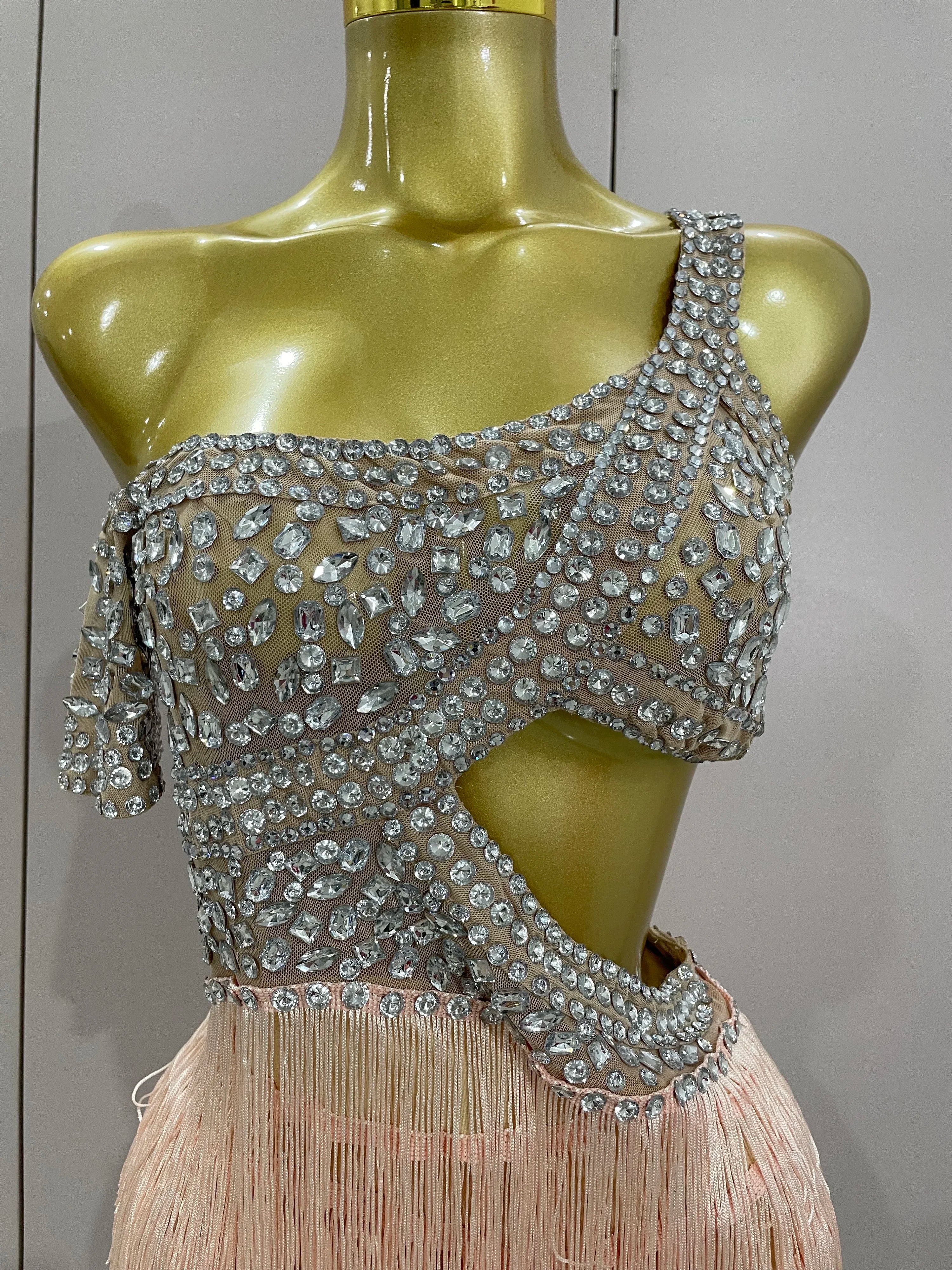 Rhinestone Mesh Bodysuit & Tassel Skirt Set | With Gloves | S–XL