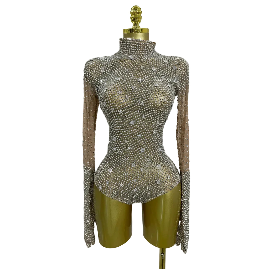 Rhinestone Mesh Bodysuit | Long Sleeve & Gloves | S–XL