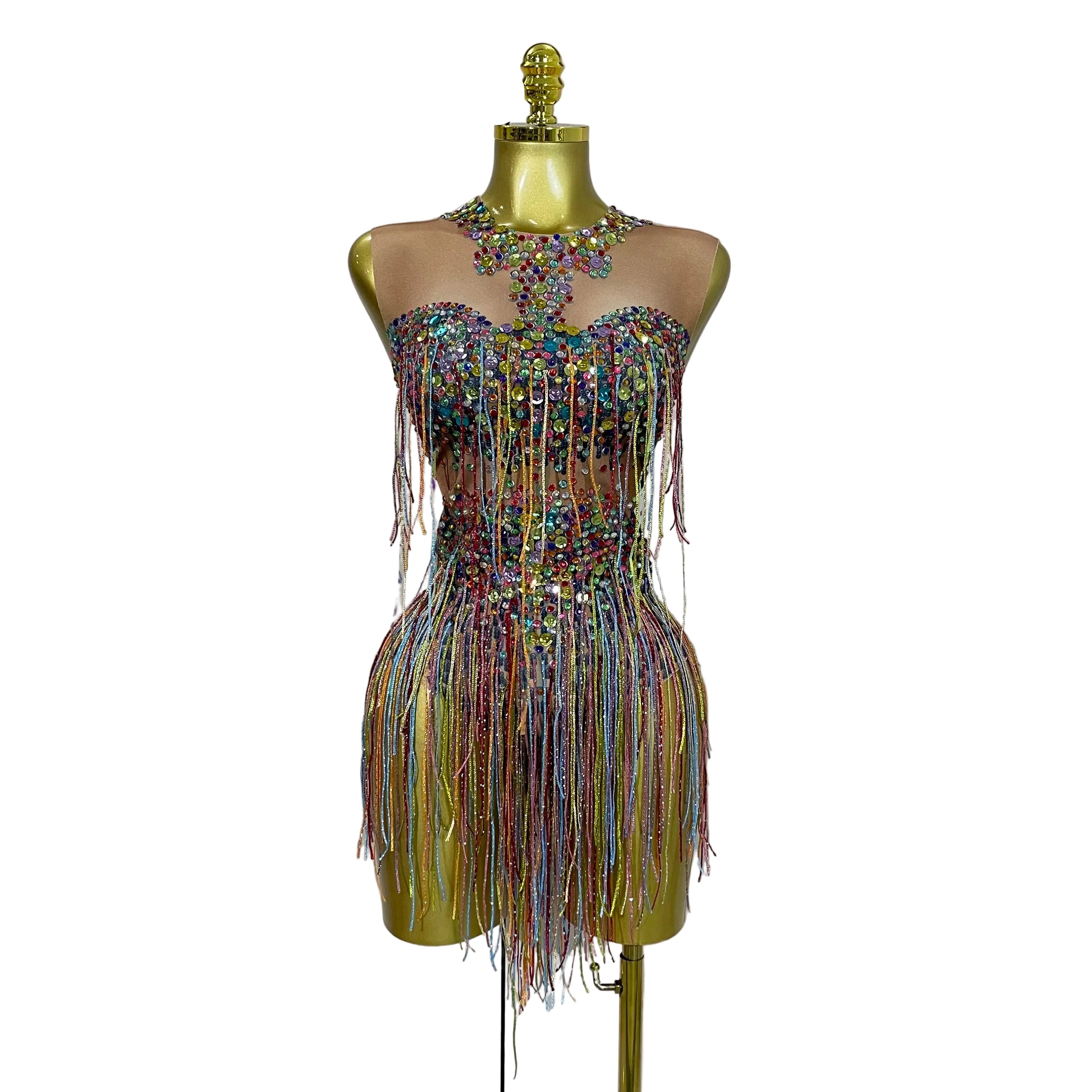 Rhinestone Sequin Tassel Bodysuit | Colorful | XS–XL
