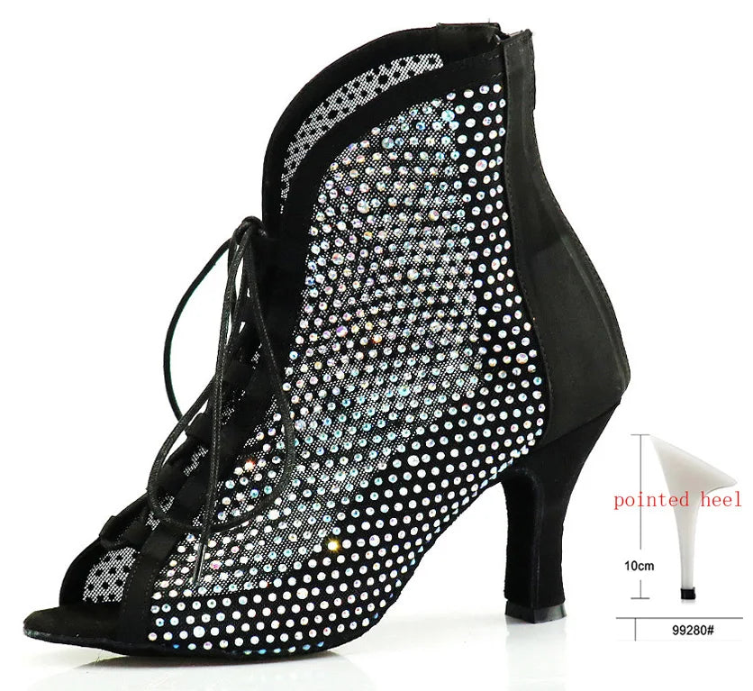 Rhinestone Latin Dance Boots | Black Mesh & Satin | Cuban Heel