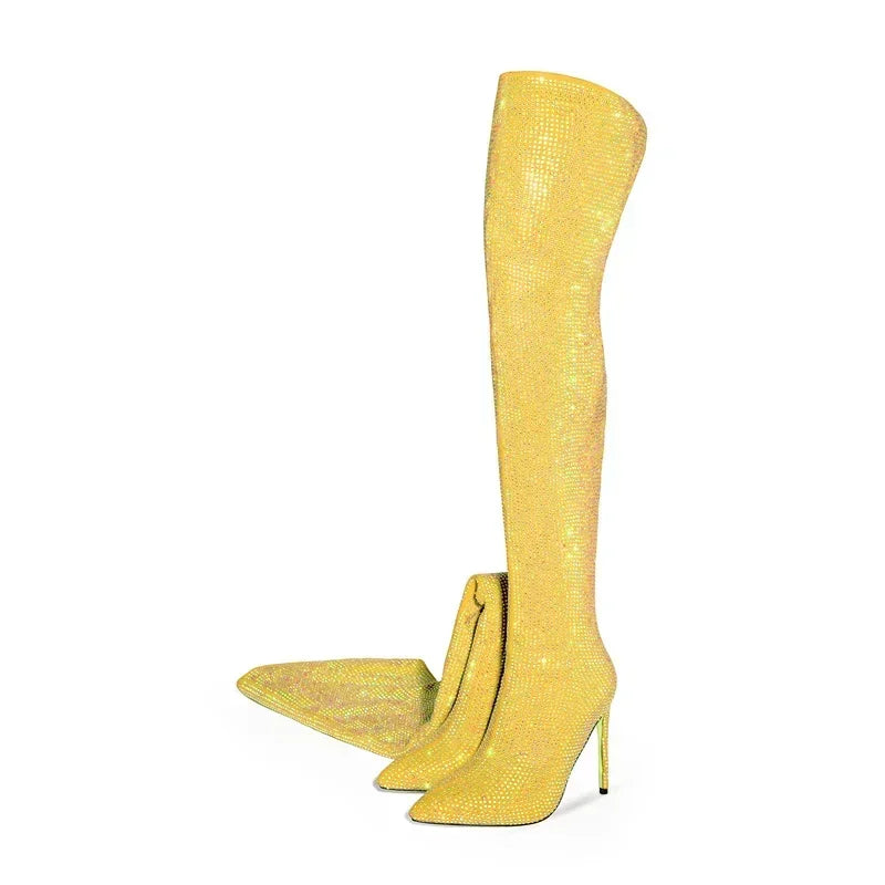 Rhinestone Over-the-Knee Stiletto Boots | Pointed Toe 12cm | 5 Colors