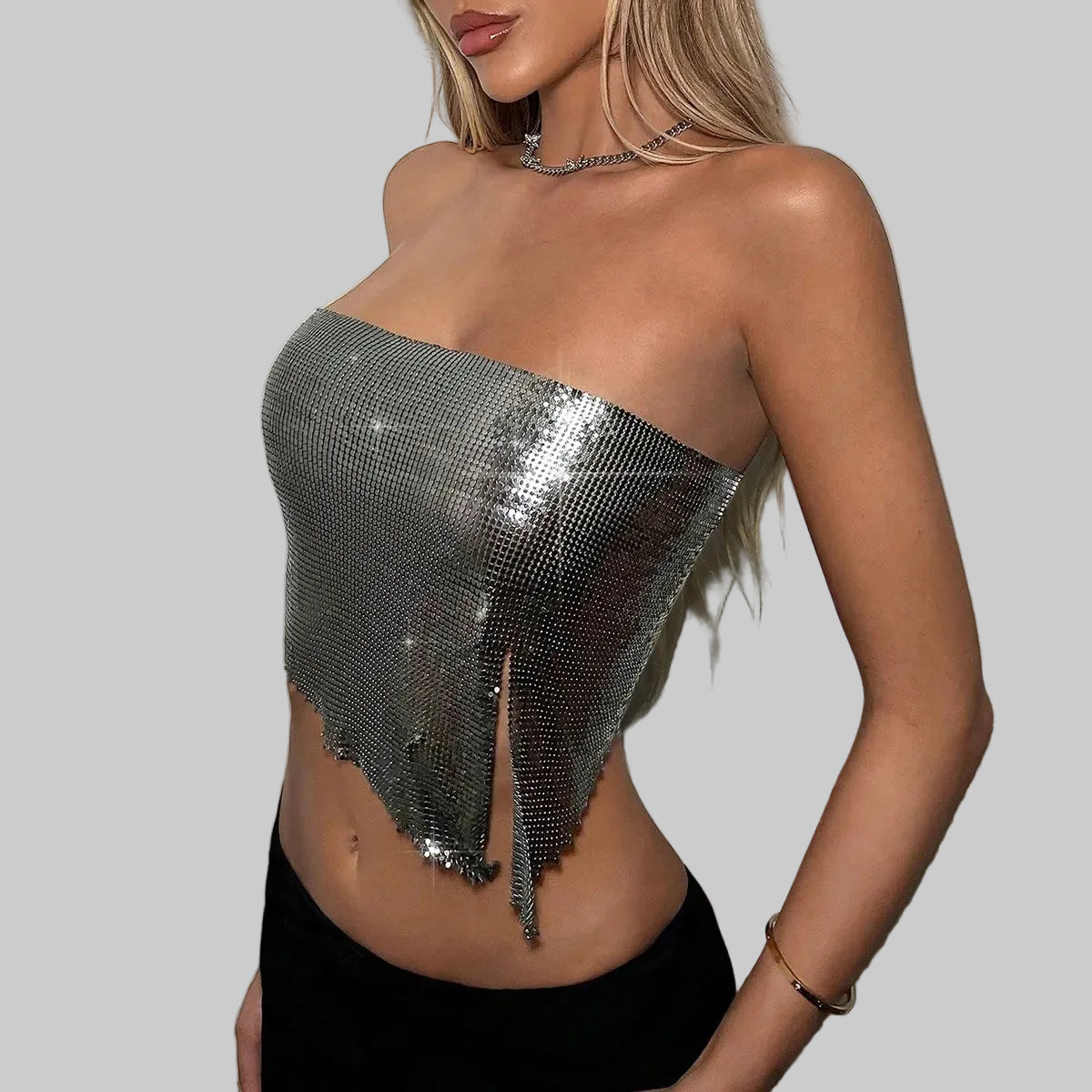 Sequined Strapless Tube Top - Backless Metallic Crop Top for Stage & Festival