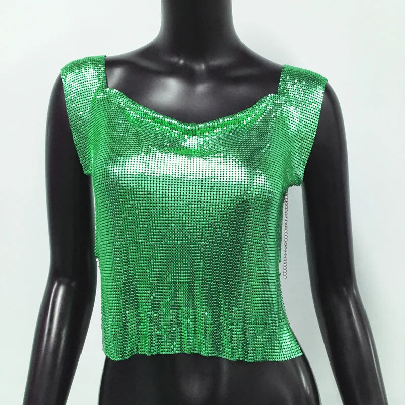 Sequin Backless Crop Top - Diamond Metal Party Tank