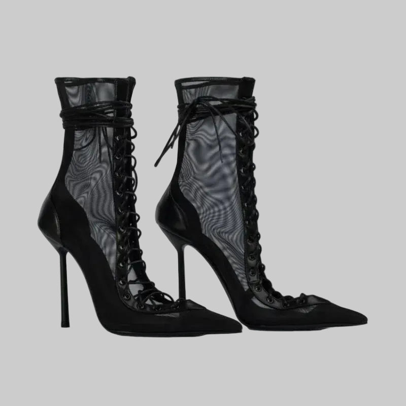 Mesh Lace-Up Knee-High Boots - Pointed Toe Stiletto Heels for Stage & Performance