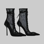 Mesh Lace-Up Knee-High Boots - Pointed Toe Stiletto Heels for Stage & Performance