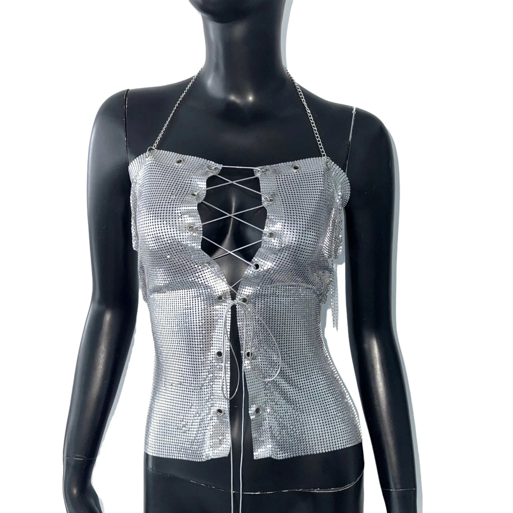 Metallic Sequin Bandage Crop Top - Off-Shoulder Halter