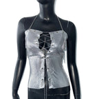 Metallic Sequin Bandage Crop Top - Off-Shoulder Halter