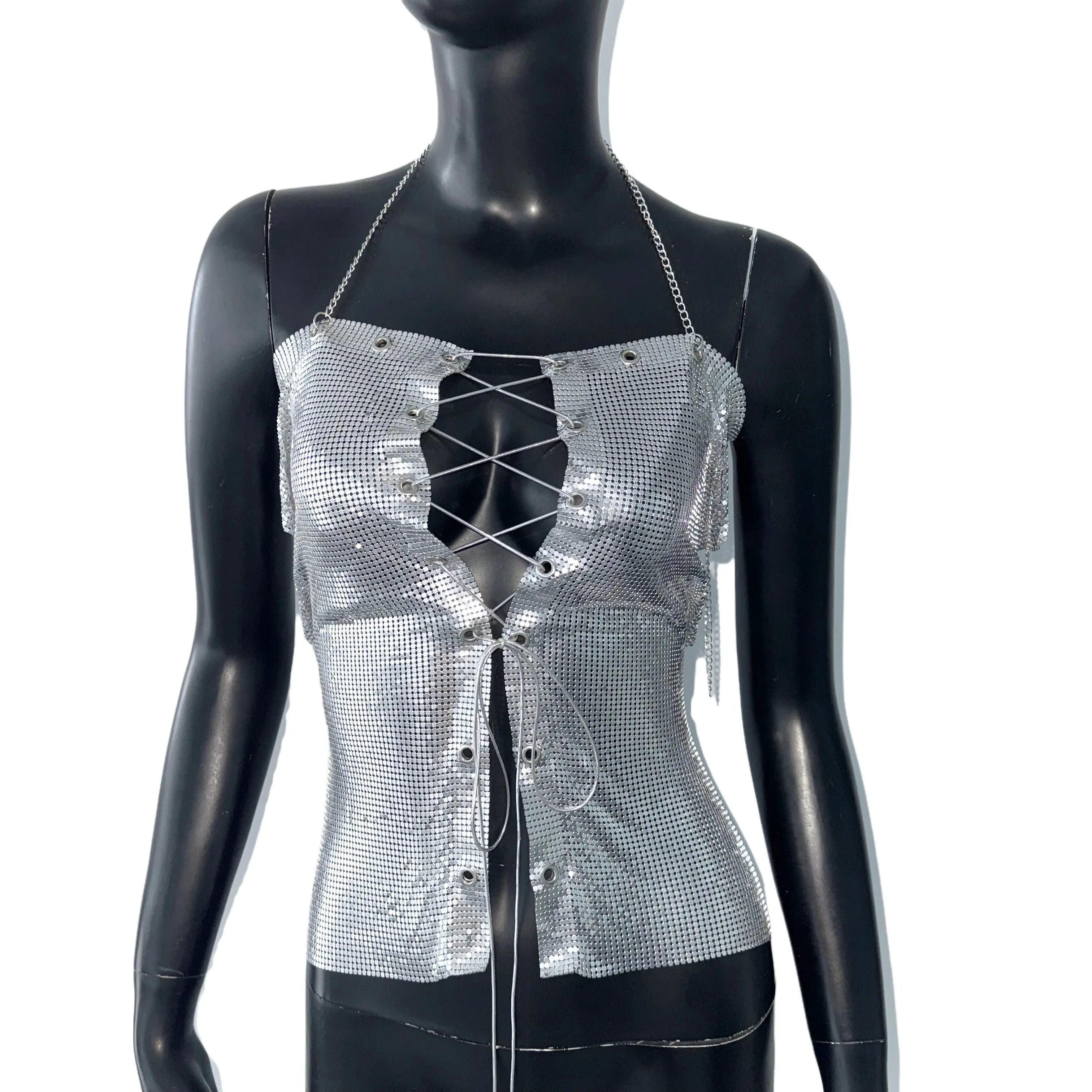 Metallic Sequin Bandage Crop Top - Off-Shoulder Halter