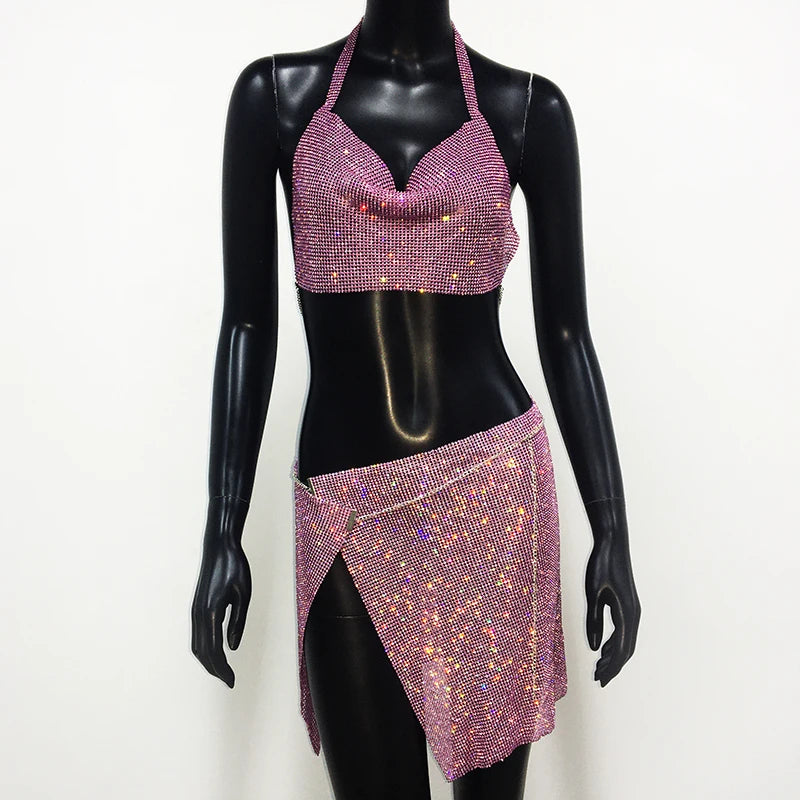 Rhinestone 2-Piece Set - Backless Crop Top & Split Mini Skirt