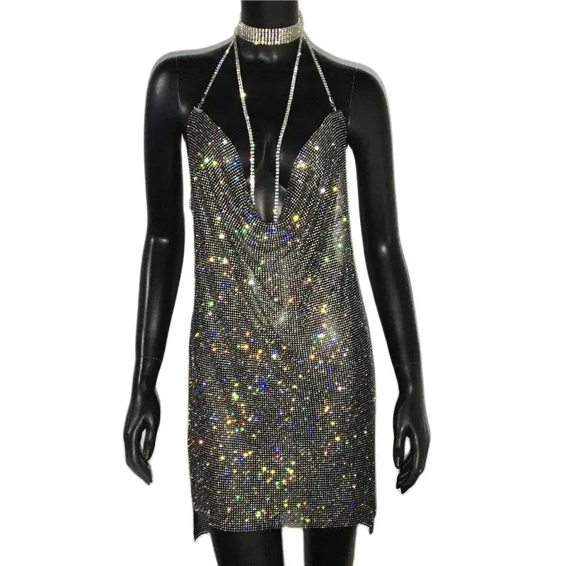 Rhinestone Mini Dress - Sheer Sequin Bodycon Dress with Asymmetric Neckline