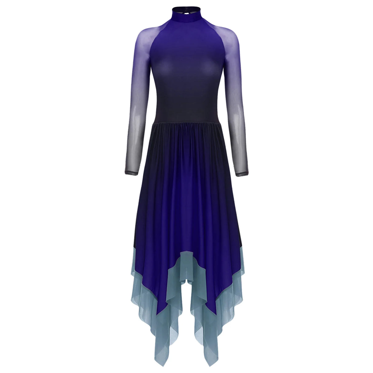Gradient Lyrical Dance Dress | Mesh Long Sleeve | Keyhole Back | Irregular Hem