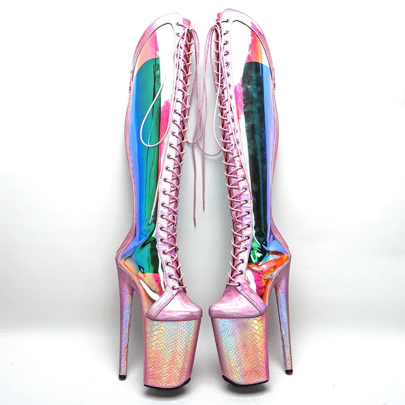 23CM Holographic Platform Pole Dance Boots - Ultra High Heel Snake Print Performance Boots