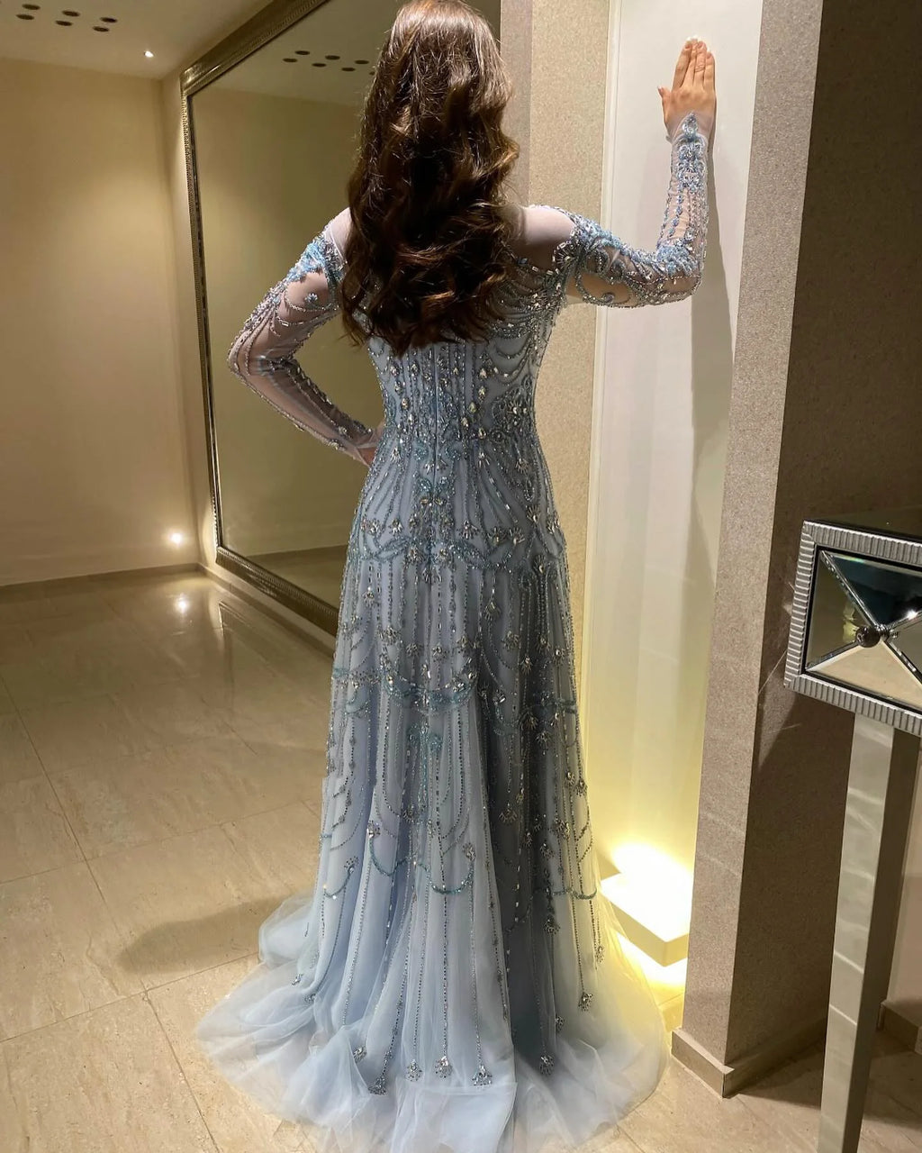 Crystal Beaded A-Line Gown | High Neck Long Sleeve | Blue & Champagne