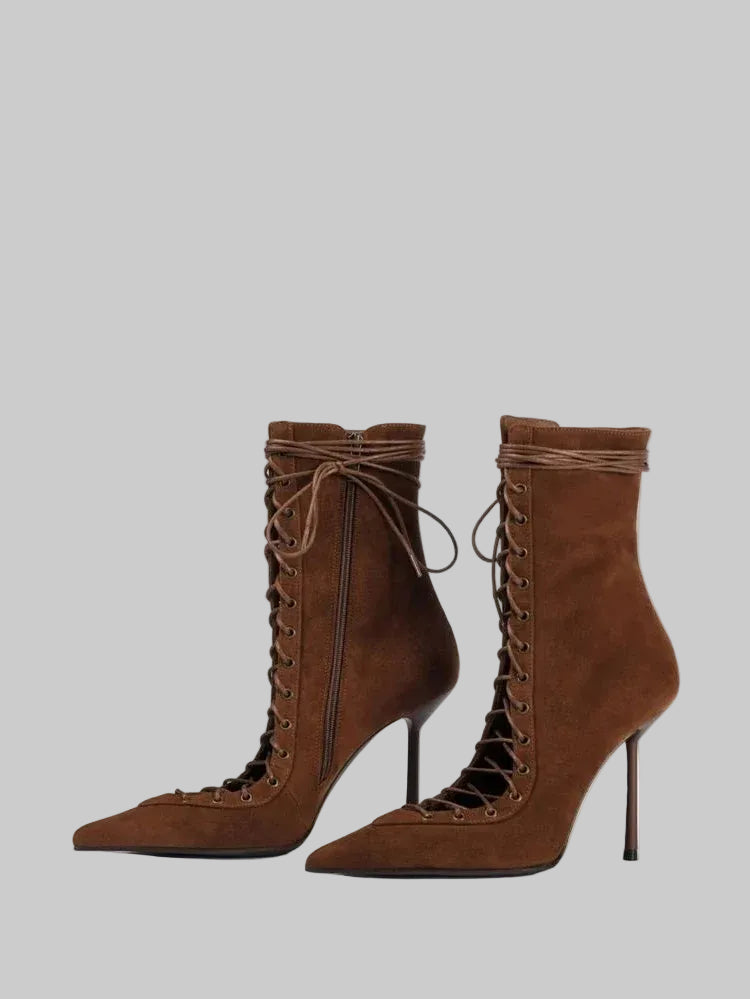 Mesh Lace-Up Knee-High Boots - Pointed Toe Stiletto Heels for Stage & Performance