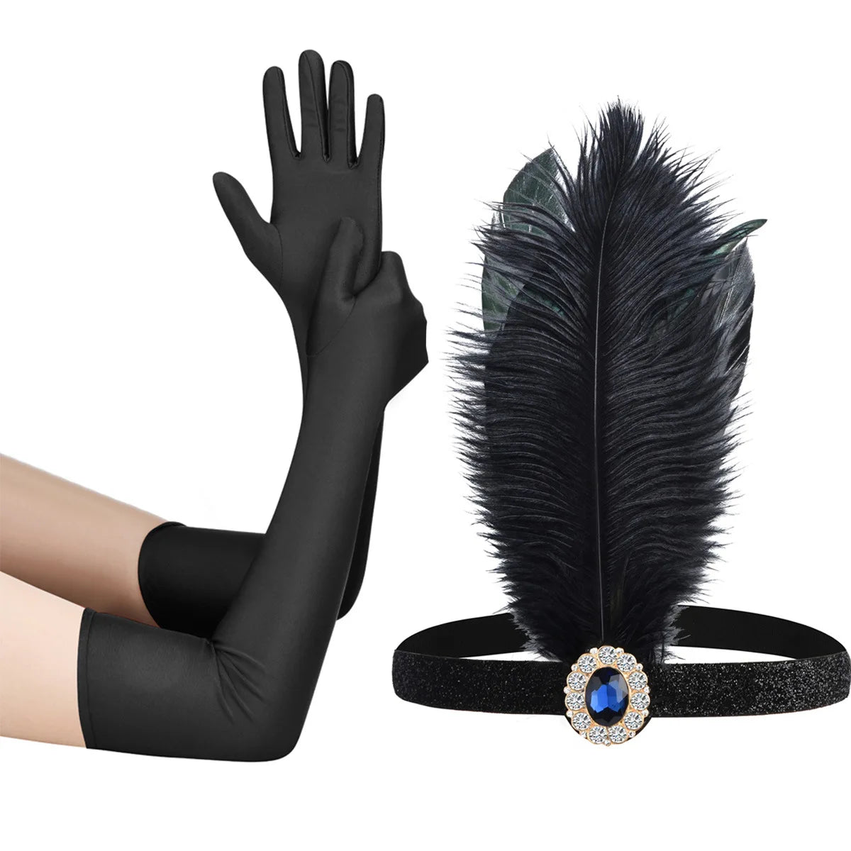 1920s Accessory Set | Feather Headband & Gloves