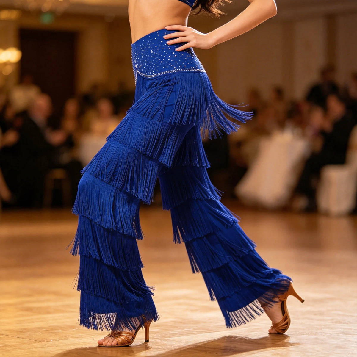 Fringe Tassel Latin Dance Pants | Rhinestone Waist | Straight Leg