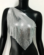 Sequin One-Shoulder Crop Top - Backless Chain Performance Cami