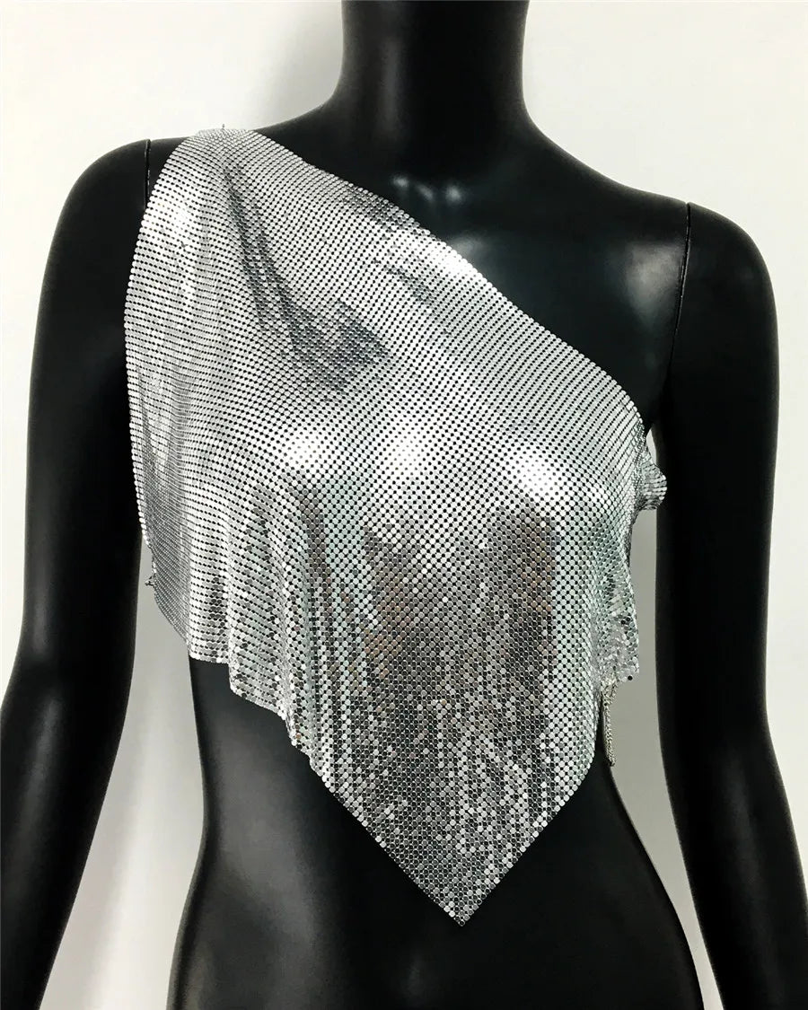 Sequin One-Shoulder Crop Top - Backless Chain Performance Cami