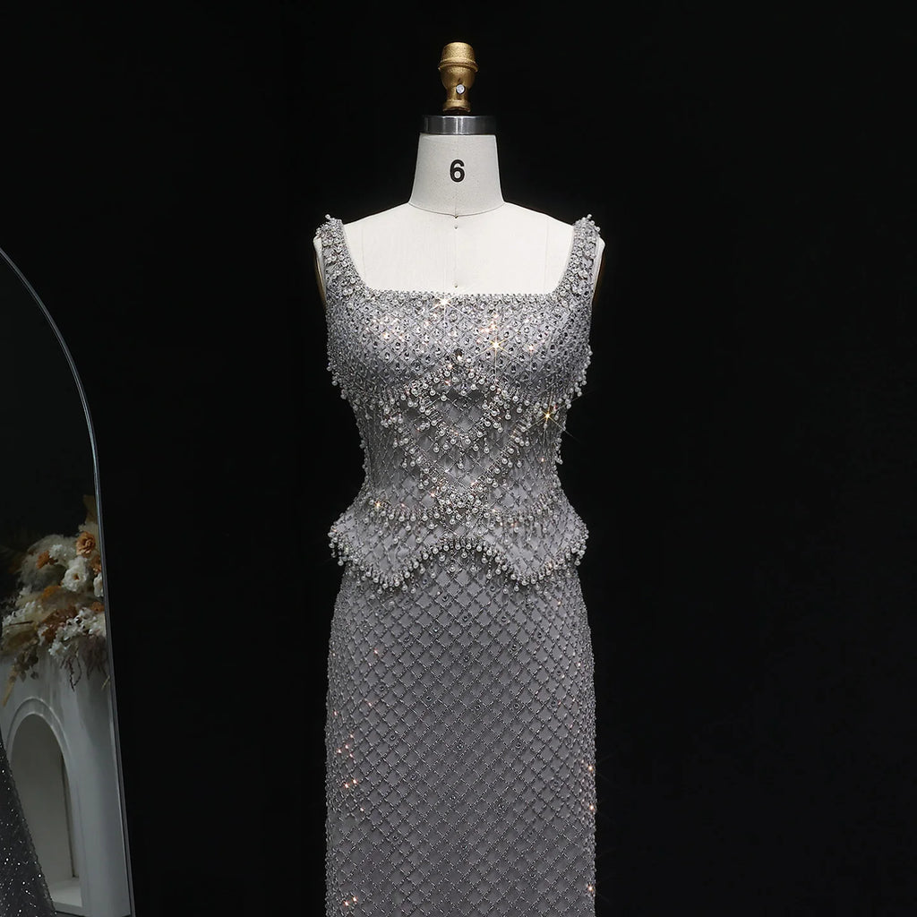 Crystal Beaded Column Pageant Gown | Square Neck | Champagne, Gray & Wine Red