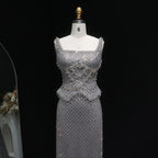 Crystal Beaded Column Pageant Gown | Square Neck | Champagne, Gray & Wine Red