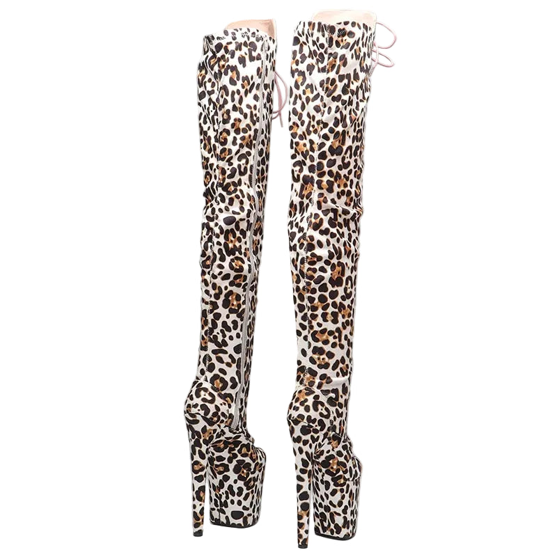 20CM Leopard Print Platform Thigh-High Boots - 8 Inch High Heel Pole Dance Boots